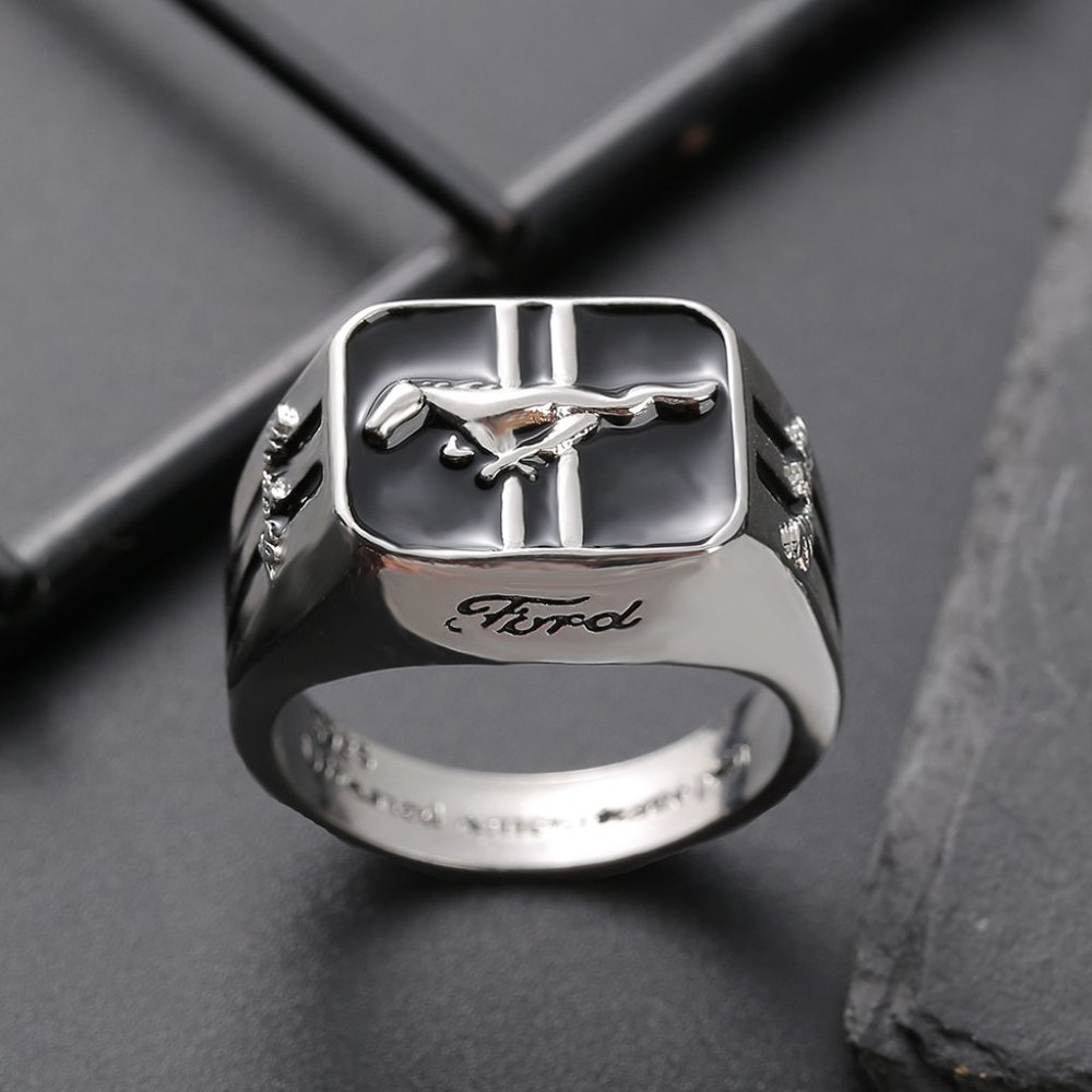 Handcrafted Ford Mustang Pony Running Hose Logo Silver Ring